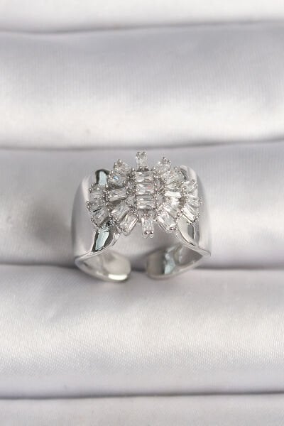 Pirinç Gümüş Renk Ayarlanabilir Baget Zirkon Taş Model Kadın Yüzük