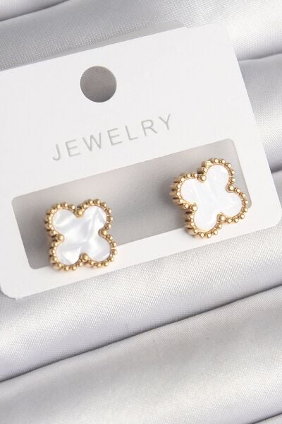 316L Çelik Gold Renk Beyaz Minelik Yonca Model Kadın Küpe