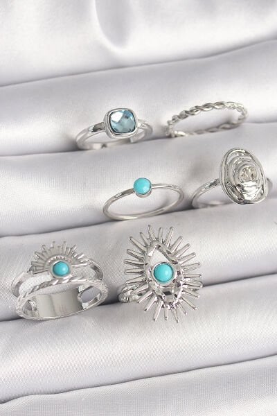 Pirinç Gümüş Renk Mavi Taşlı Kare Zirkon Taş Detaylı Kadın Yüzük Kombini