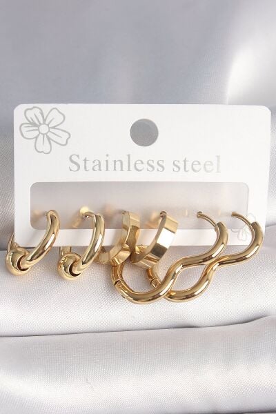 316L Çelik Gold Renk Kalp Halka Model Kadın Küpe Seti