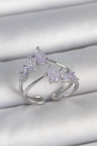 Pirinç Gümüş Renk Mor Damla Zirkon Taşlı Taç Model Kadın Yüzük