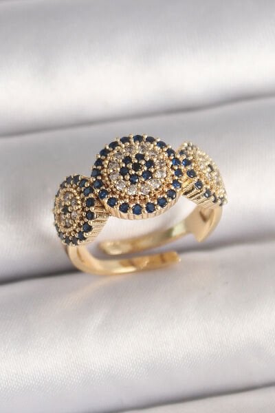 Pirinç Gold Renk Zirkon Taşlı Nazar Boncuk Model Ayarlanabilir Model Kadın Yüzük