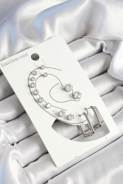 316L Çelik Dikdörtgen Figürlü Ve Zirkon Taşlı Gümüş Renk 7'li Çift Kadın Küpe Set