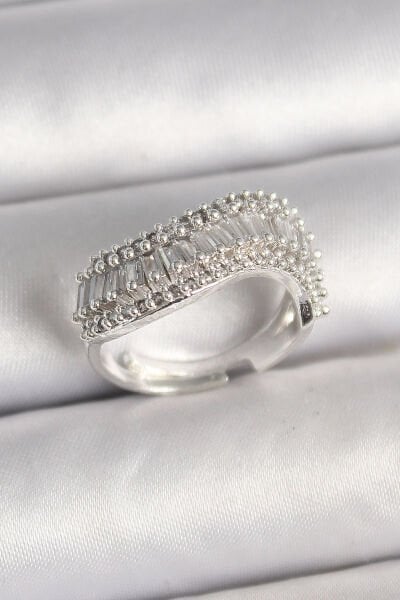 Pirinç Gümüş Renk Su Yolu Zirkon Dalga Model Ayarlanabilir Kadın Yüzük