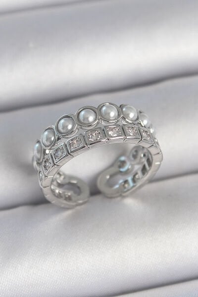 Pirinç Gümüş Renk 2'Li Sıra Zirkon Taşlı Ve İncili Ayarlanabilir Kadın Yüzük