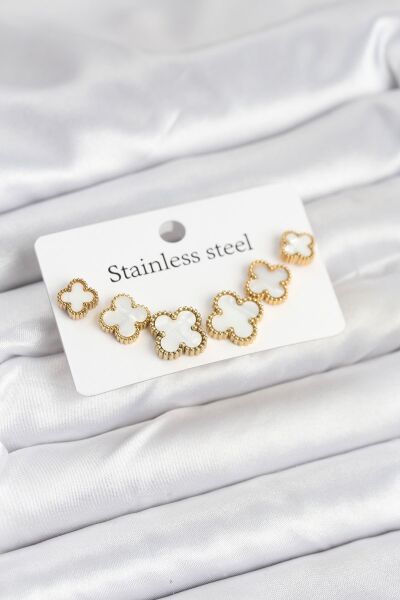 316L Çelik Gold Beyaz Renk 3 Boy Yonca Küpe Seti