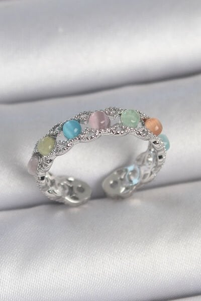 Pirinç Gümüş Renk Renkli Mineli Ayarlanabilir Kadın Yüzük