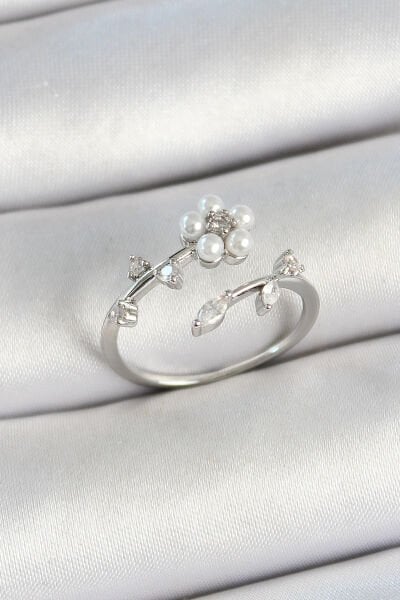 Pirinç İnci Detaylı Papatya Figürlü Zirkon Taşlı Gümüş Renk Ayarlanabilir Kadın Yüzük