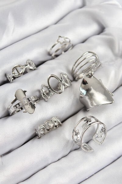 Pirinç Sarmal Ve Yıldız Model Gümüş Renk Kadın Yüzük Kombin Set