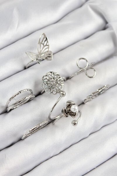 Pirinç Gül Kelebek Model Gümüş Renk Kadın Yüzük Kombin Set
