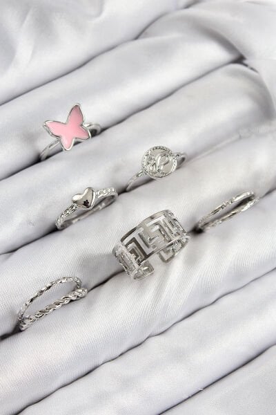 Pirinç Kelebek Ve Kalp Model Gümüş Renk Kadın Yüzük Kombin Set