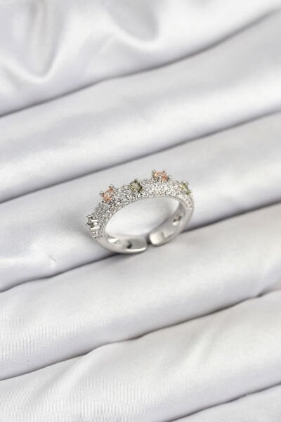 Pirinç Gümüş Renk Zirkon Taşlı Vintage Kadın Yüzük