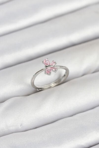 Pirinç Gümüş Renk Pembe Kelebek Kadın Yüzük