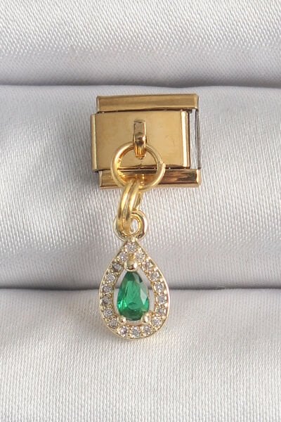 316L Çelik Gold Renk Sallantı Damla Yeşil Zirkon Taşlı Nomination Charm