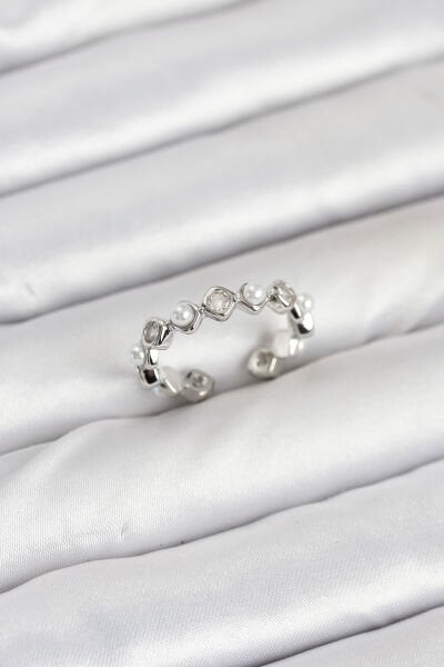 Pirinç Gümüş Renk Zirkon Taşlı İncili Kadın Yüzük