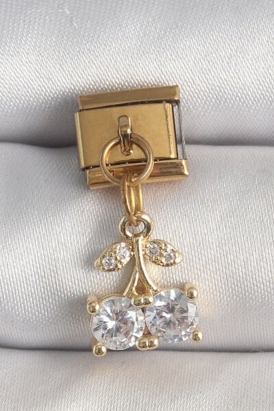316L Çelik Gold Renk Sallantı Zirkon Taşlı Kiraz Model Nomination Charm