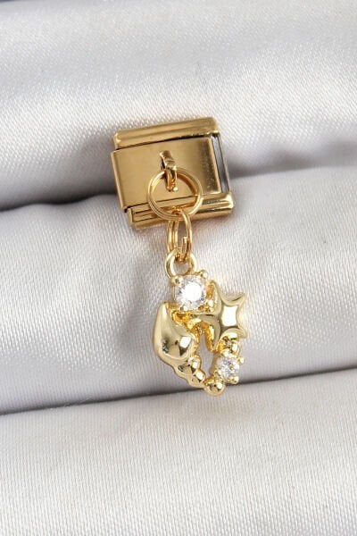 316L Çelik Sallantılı Zirkon Taşlı Deniz Kabuğu Ve Yıldız Model Gold Renk Nomination Charm