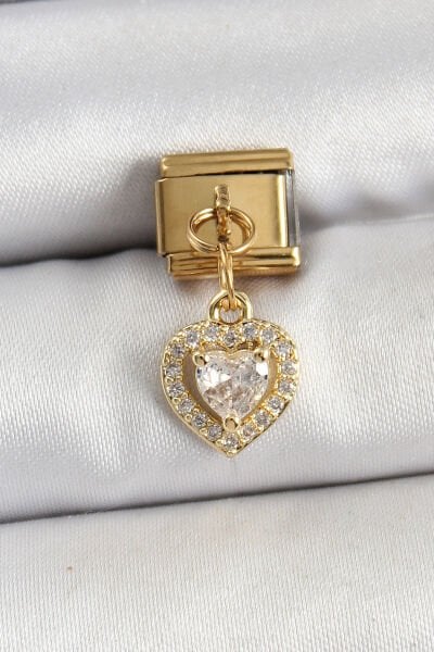 316L Çelik Sallantılı Zirkon Taşlı Kalp Model Gold Renk Nomination Charm
