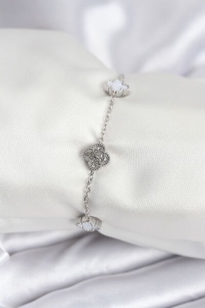 316L Çelik Gümüş Renk Beyaz ve Zirkon Taşlı Baby Boy Yonca Kadın Bileklik