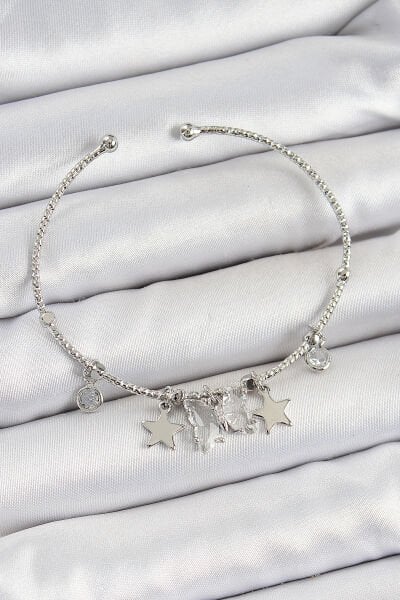 Pirinç Zirkon Taşlı Kelebek Ve Yıldız Model Gümüş Renk Charm Bileklik