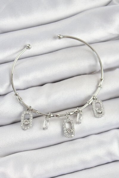 Pirinç Zirkon Taşlı Dikdörtgen Model Gümüş Renk Charm Bileklik