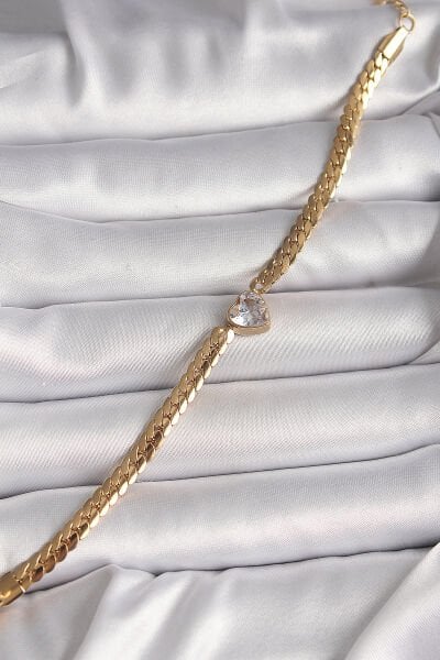 316L Çelik Gold Renk Yassı Zincir Model Zirkon Taşlı Kalp Figür Kadın Bileklik