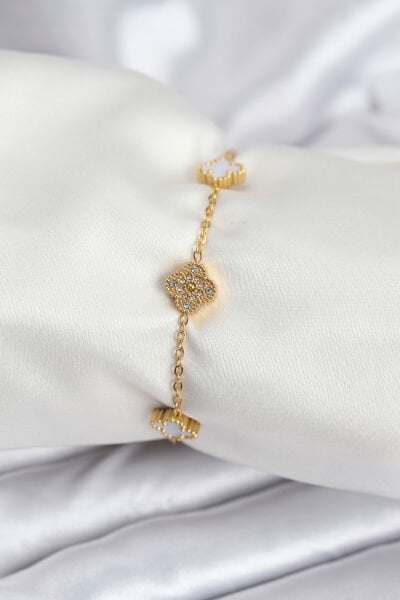 316L Çelik Gold Renk Beyaz ve Zirkon Taşlı Baby Boy Yonca Kadın Bileklik