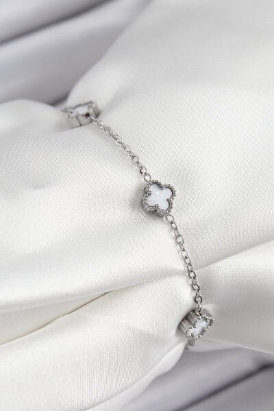 316L Çelik Beyaz Sedef Yonca Model Gümüş Renk Kadın Bileklik