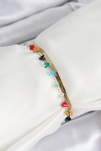 316L Çelik Gold Renk Kristal Karışık Renkli Taşlı 2'li Kadın Bileklik