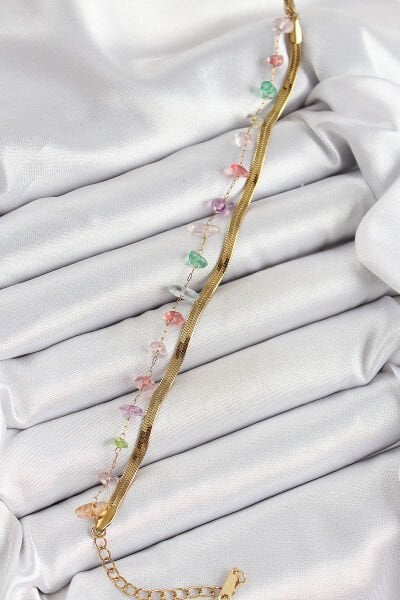 316L Çelik Gold Renk Kristal Karışık Renkli Taşlı Kadın Bileklik