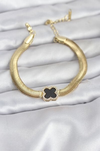 316L Çelik Gold Renk Siyah Yonca Model Zirkon Taşlı Yılan Zincirli Kadın Bileklik