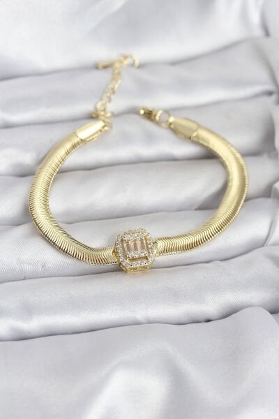 316L Çelik Gold Renk Baget Zirkon Taşlı Yılan Zincirli Kadın Bileklik