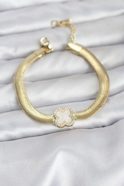 316L Çelik Gold Renk Beyaz Yonca Model Zirkon Taşlı Yılan Zincirli Kadın Bileklik
