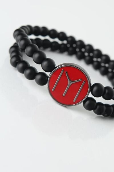 Bordo Renkli Metal Üzerine Füme Kayı Boyu Figürlü Siyah Renk Çift Sıra Doğal Taş Erkek Bileklik