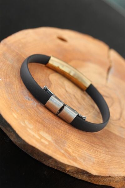 Gold Renk Metal Ay Yıldız Tasarım Siyah Renk Silikon Erkek Bileklik