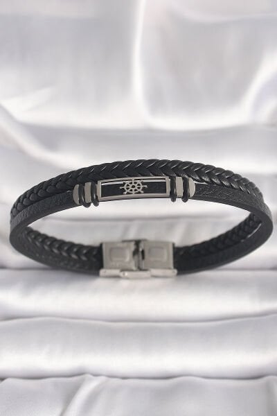 316L Çelik Gümüş Renk Gemi Dümeni Figür Siyah Burgu Deri Kordon Model Erkek Bileklik