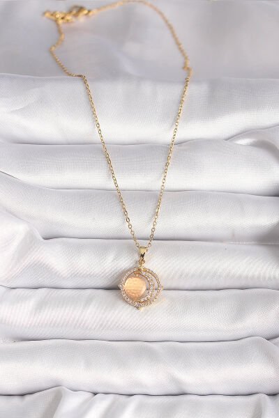 316L Çelik Gold Renk Zirkon Taşlı Turuncu Sedefli Hilal Model Kadın Kolye