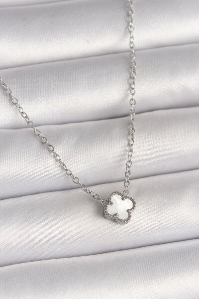 316L Çelik Gümüş Renk Beyaz Yonca Model Kadın Kolye