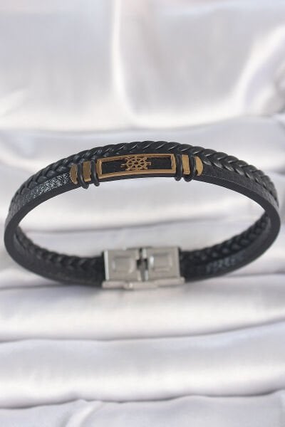 316L Çelik Gold Renk Gemi Dümeni Aksesuarlı Çift Sıra Burgu Desenli Deri Kordon Erkek Bileklik