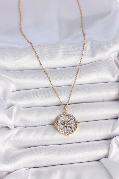 316L Çelik Gold Renk Zirkon Taşlı Pusula Model Kadın Kolye