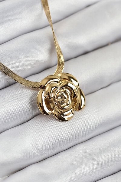 316L Çelik Gül Figürlü İtalyan Zincir Model Gold Renk Kadın Kolye