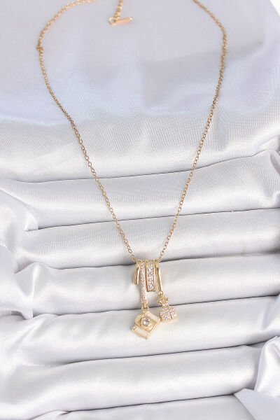 316L Çelik Gold Renk Zirkon Taşlı Sallantı Fotoğraf Makinası Figür Charm Kadın Kolye