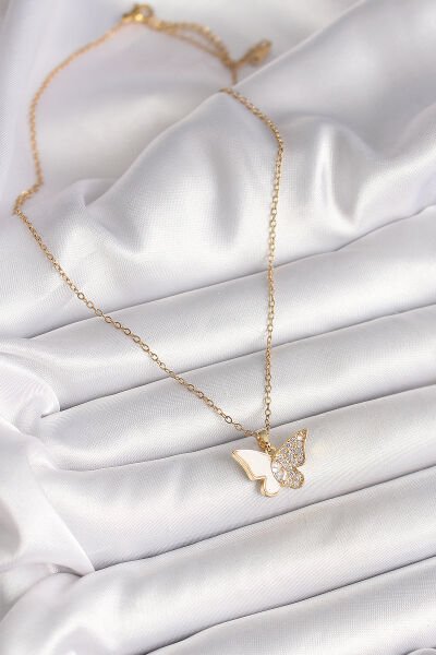 316L Çelik Gold Renk Zincir Zirkon Taşlı Beyaz Mineli Kelebek Model Kadın Kolye