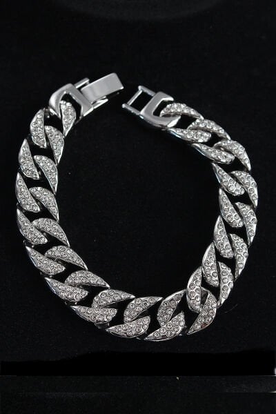 Pirinç Zirkon Taşlı Cuba Gurmet Model Gümüş Renk Erkek Bileklik