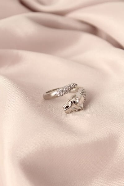 Gümüş Renk Metal Zirkon Taşlı Kaplan Model Ayarlanabilir Kadın Yüzük