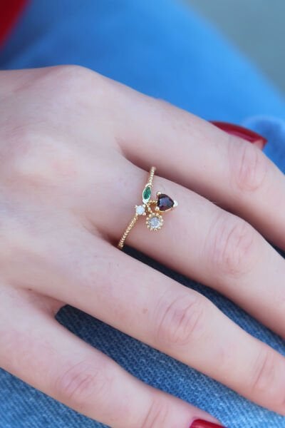 Gold Renk Kiraz Model Zirkon Taşlı Kadın Yüzük