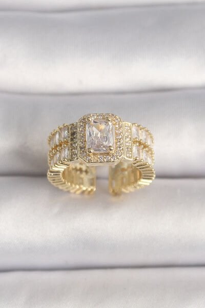 Pirinç Gold Renk Ayarlanabilir Baget Zirkon Taş Model Kadın Yüzük