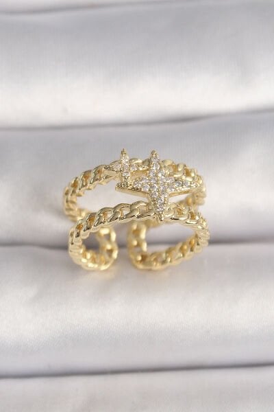 Pirinç Gold Renk 2'Li Zincir Zirkon Taşlı Yıldız Figür Kadın Yüzük