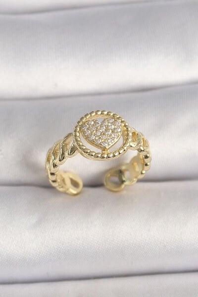 Pirinç Gold Renk Ayarlanabilir Zirkon Taşlı Kalp Model Kadın Yüzük