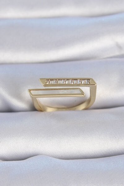 Pirinç Gold Renk Zirkon Taşlı Beyaz Sedef Detay Kadın Yüzük